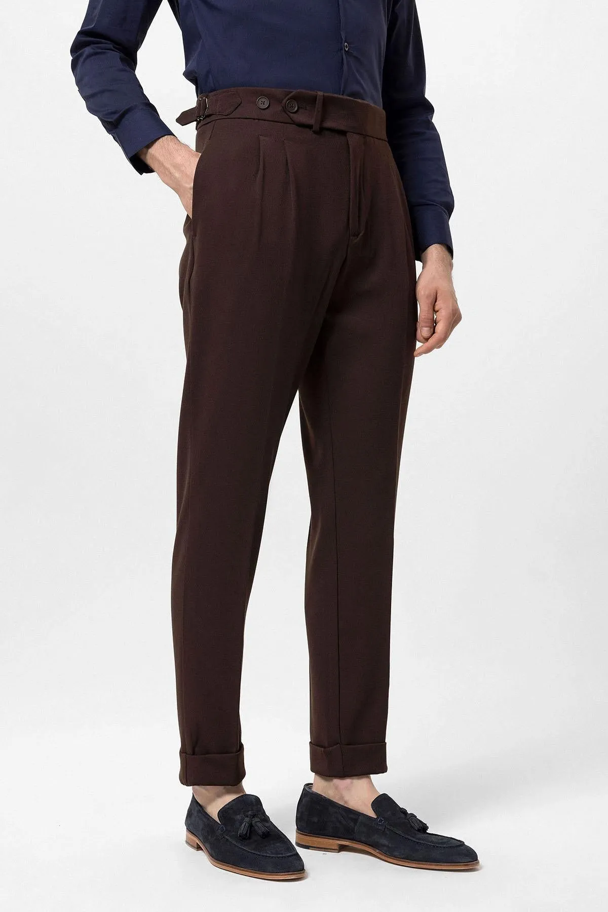 Men's Brown High Waist Pleated Carrot Fit Trousers - Wessi sold by Wessi
