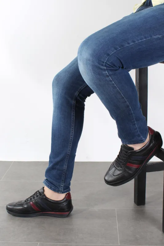Men's Black Leather Sneakers with Red and Navy Stripes - Wessi sold by Wessi