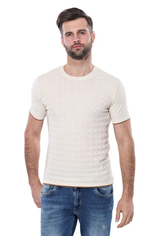 Cream Patterned Tricot Knitted T-Shirt - Wessi sold by Wessi