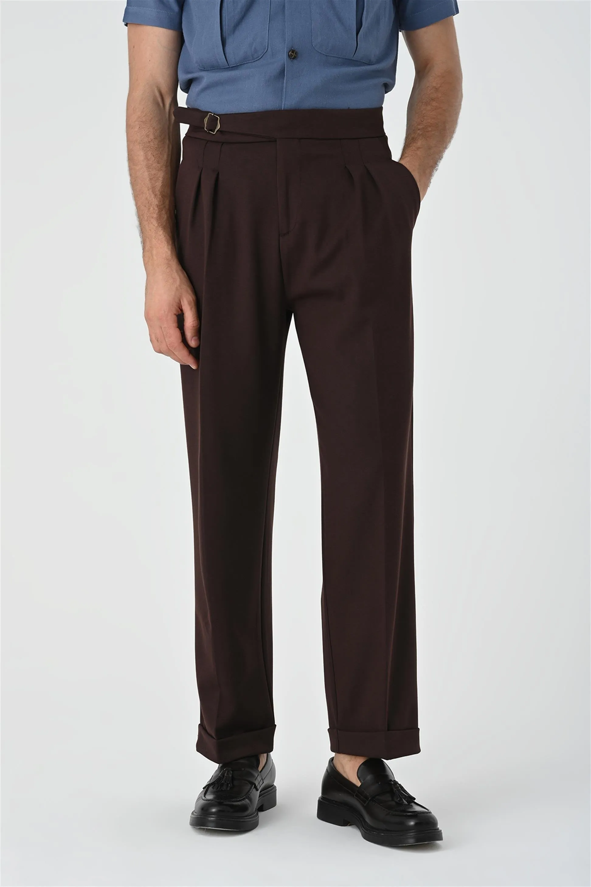 Brown Buckle Detailed Pleated High Waist Men's Trousers - Wessi sold by Wessi product image thumbnail 5