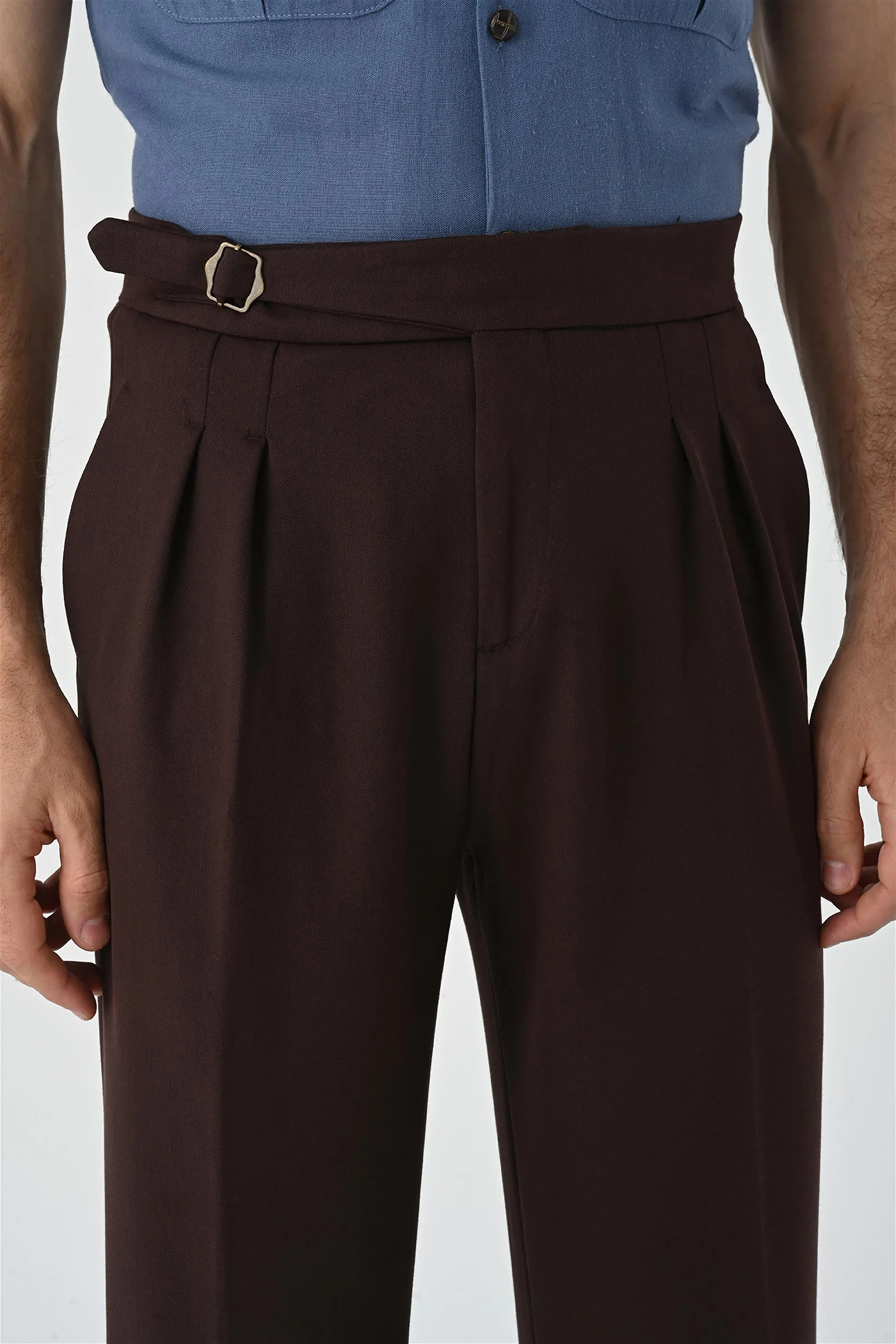 Brown Buckle Detailed Pleated High Waist Men's Trousers - Wessi sold by Wessi product image thumbnail 3