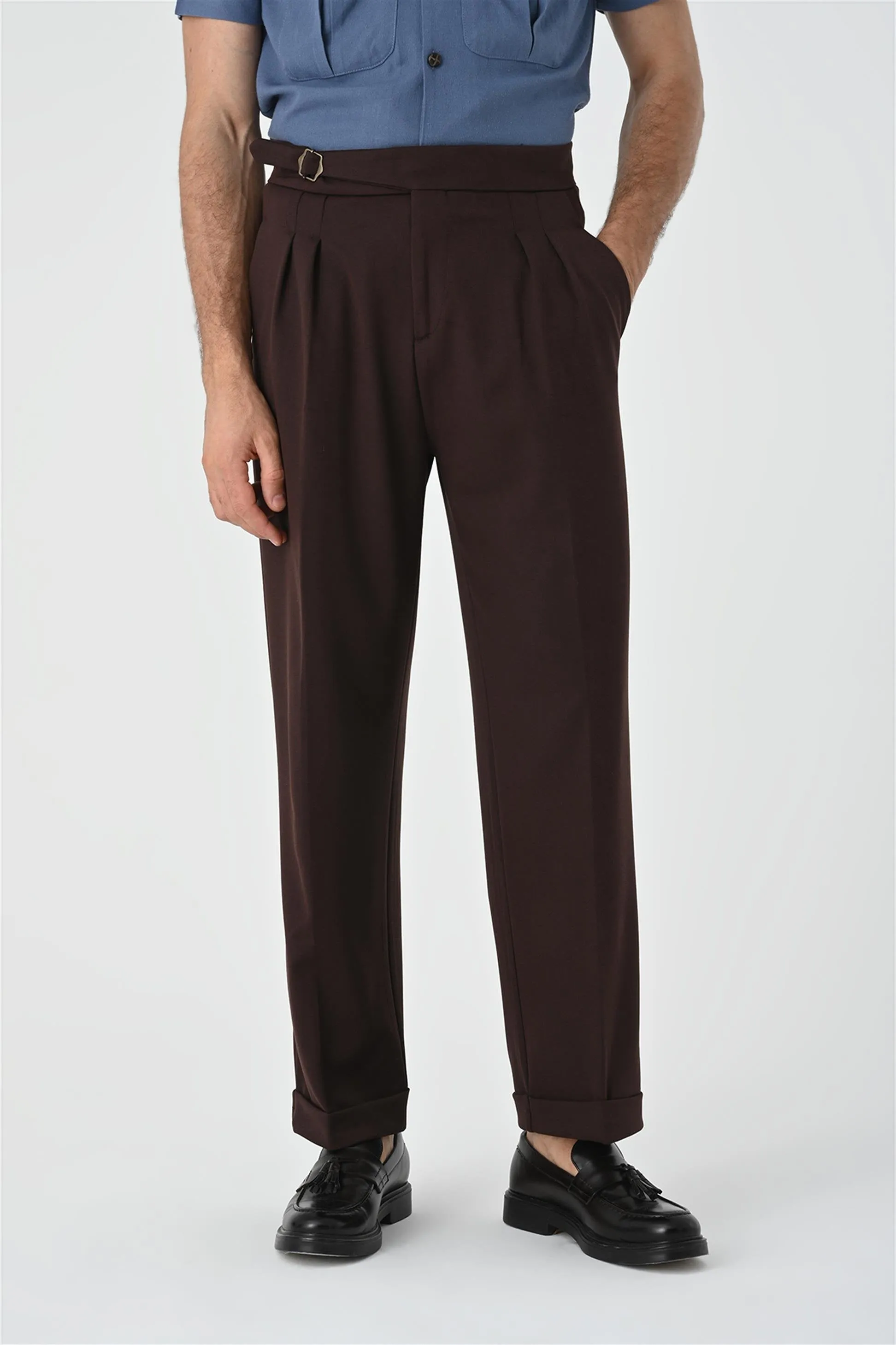 Brown Buckle Detailed Pleated High Waist Men's Trousers - Wessi sold by Wessi product image thumbnail 2