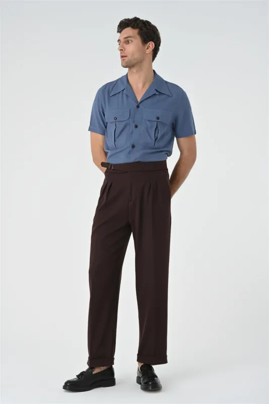 Brown Buckle Detailed Pleated High Waist Men's Trousers - Wessi sold by Wessi