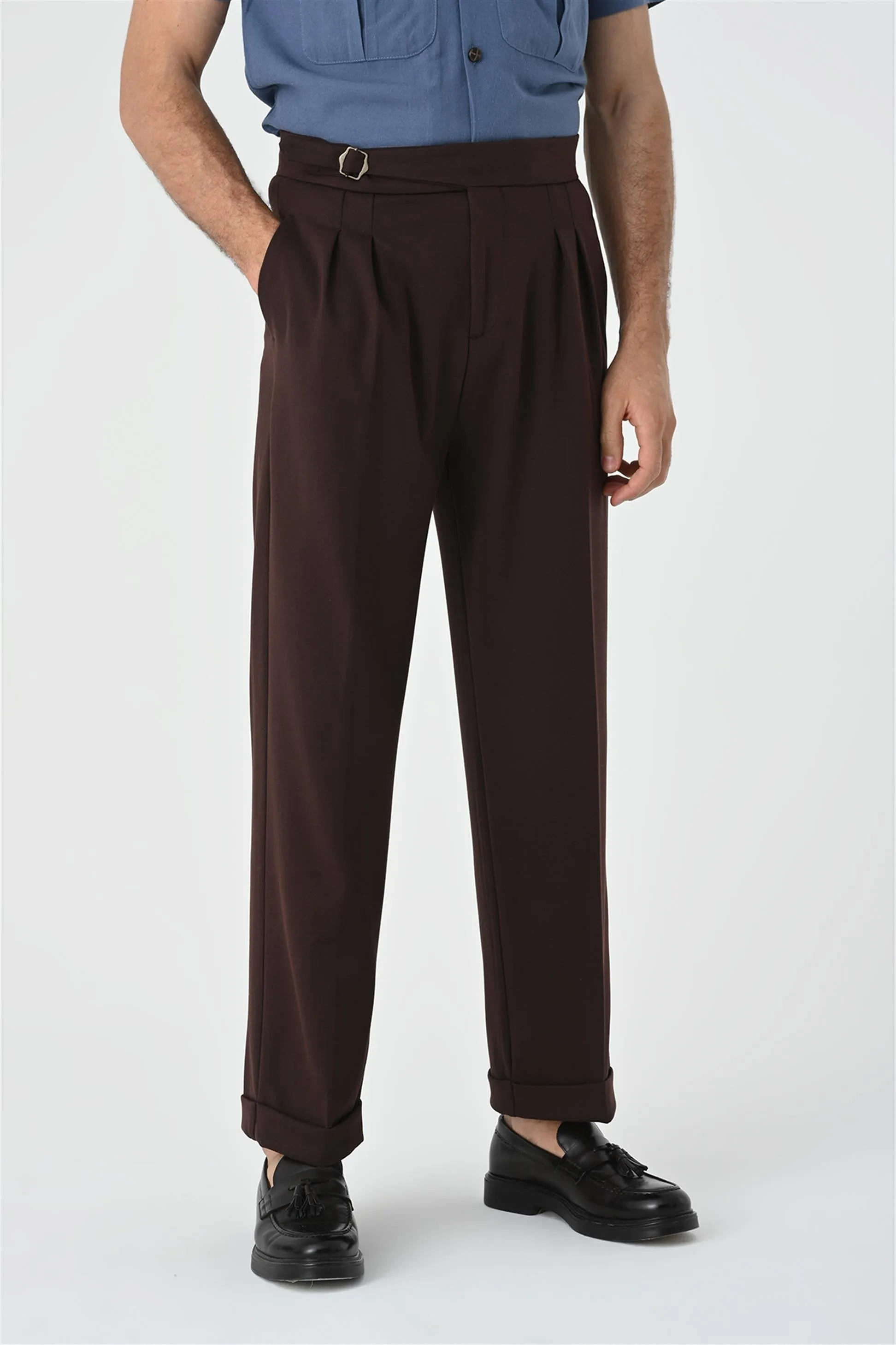Brown Buckle Detailed Pleated High Waist Men's Trousers - Wessi sold by Wessi product image thumbnail 4