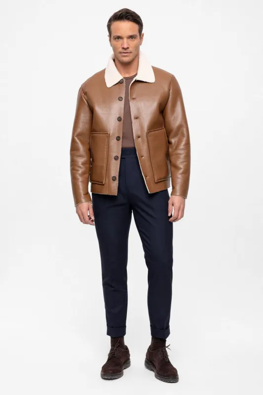Men's Camel Lining Detailed Faux Leather  Coat - Wessi sold by Wessi