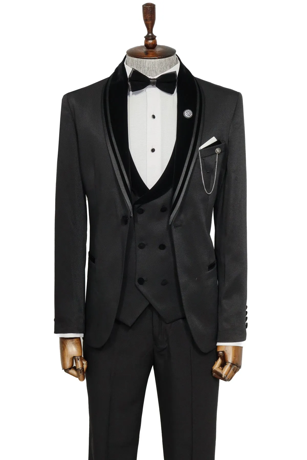 3 Piece Trim Detailed Self-Patterned Velvet Shawl Collar Black Men's Tuxedo - Wessi sold by Wessi product image thumbnail 3