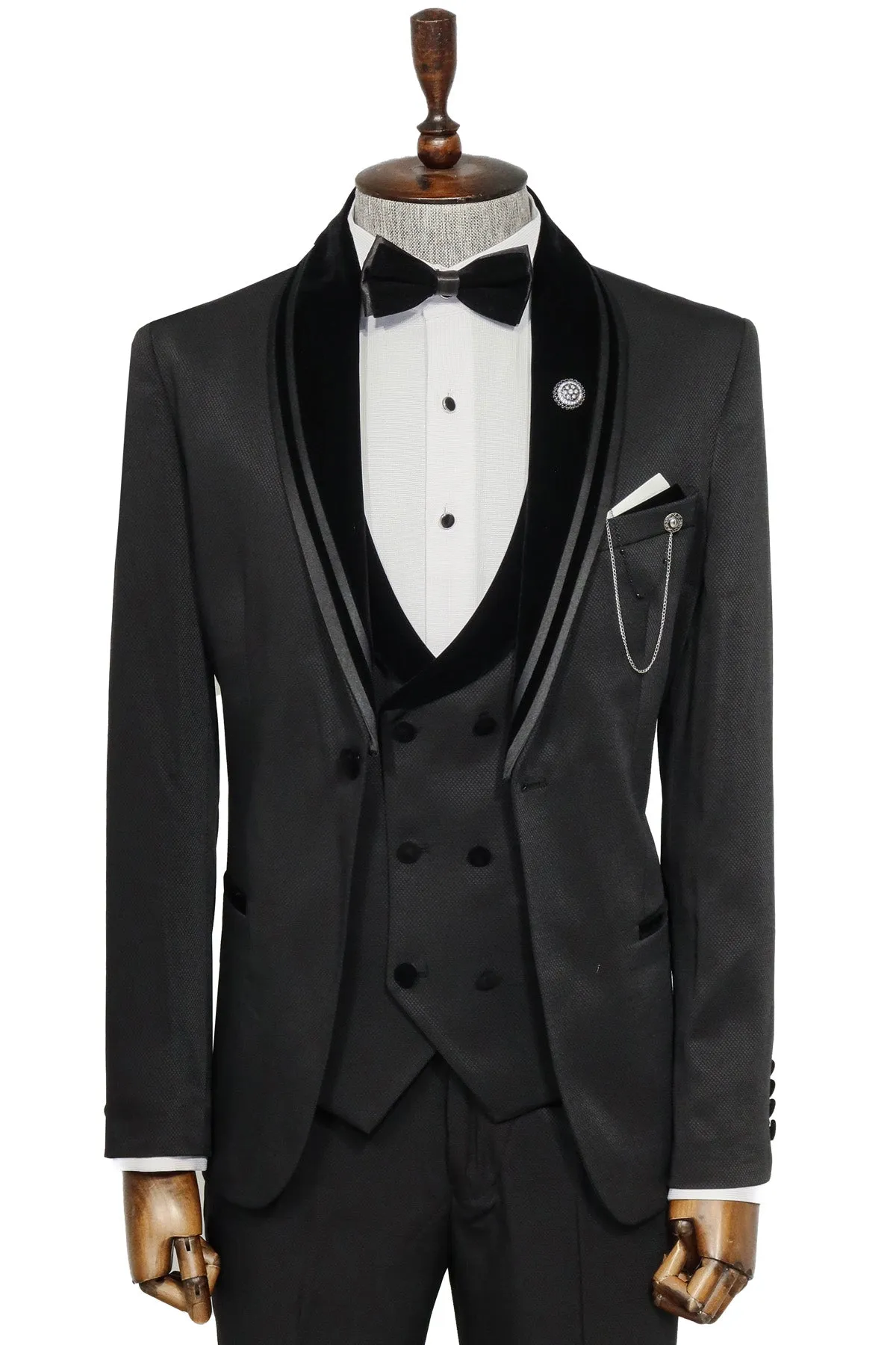 3 Piece Trim Detailed Self-Patterned Velvet Shawl Collar Black Men's Tuxedo - Wessi sold by Wessi