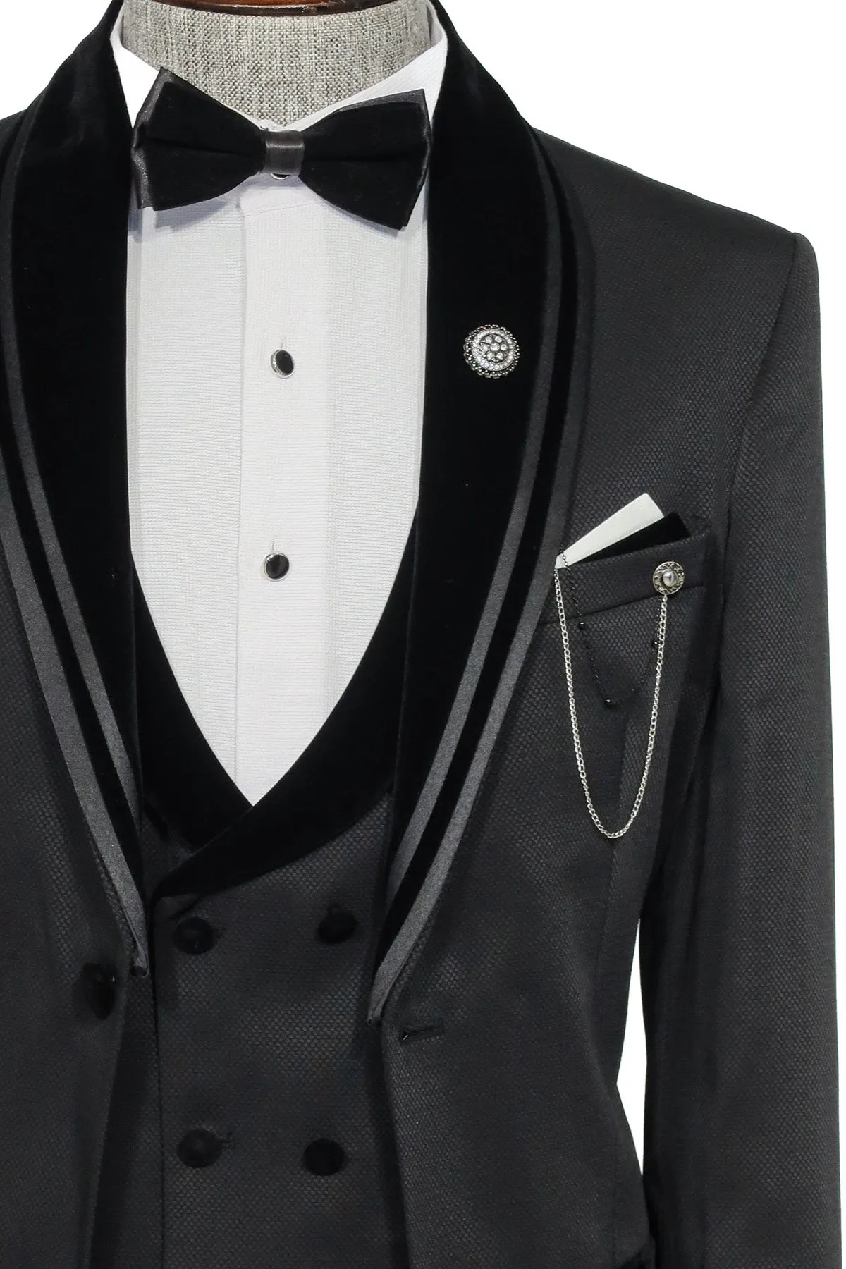 3 Piece Trim Detailed Self-Patterned Velvet Shawl Collar Black Men's Tuxedo - Wessi sold by Wessi product image thumbnail 2
