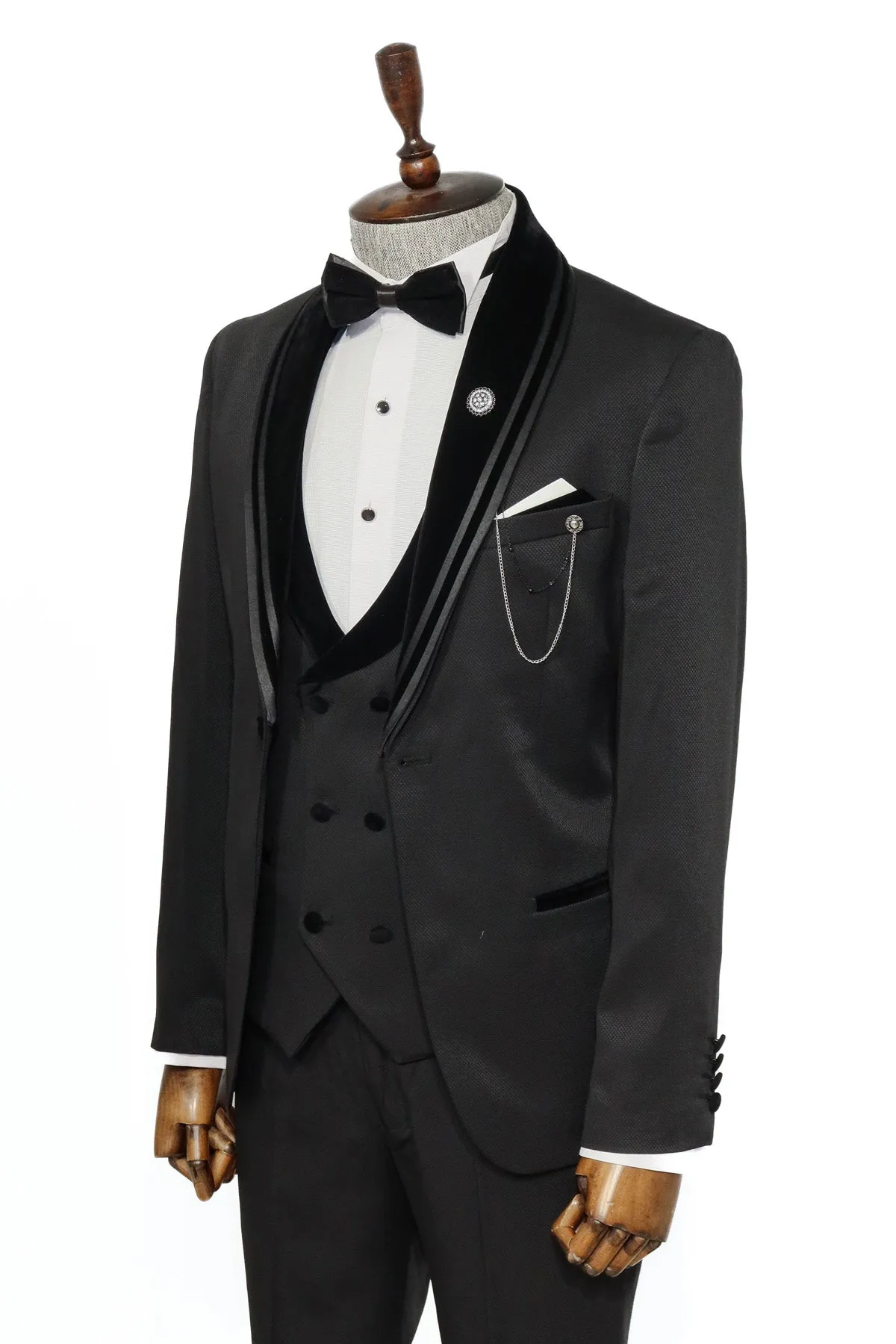3 Piece Trim Detailed Self-Patterned Velvet Shawl Collar Black Men's Tuxedo - Wessi sold by Wessi product image thumbnail 4