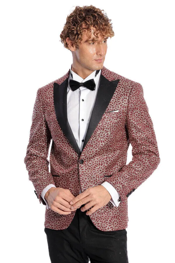 Flower Embroidered Pattern Burgundy Men Tuxedo Blazer - Wessi sold by Wessi product image thumbnail 5