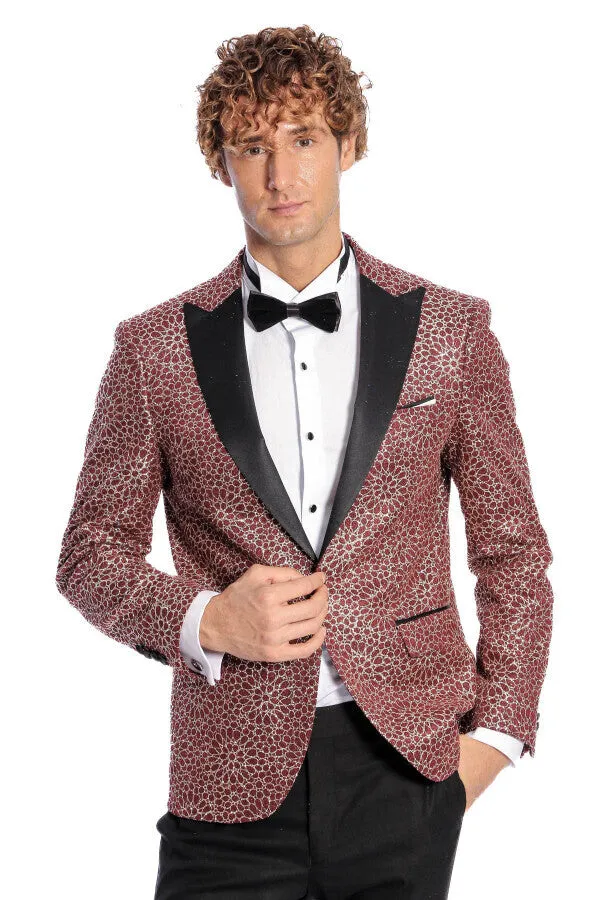 Flower Embroidered Pattern Burgundy Men Tuxedo Blazer - Wessi sold by Wessi