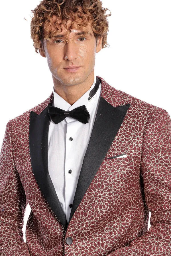 Flower Embroidered Pattern Burgundy Men Tuxedo Blazer - Wessi sold by Wessi product image thumbnail 2