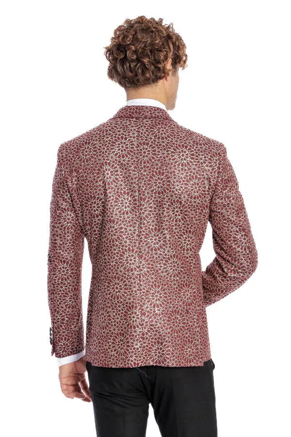Flower Embroidered Pattern Burgundy Men Tuxedo Blazer - Wessi sold by Wessi product image thumbnail 4
