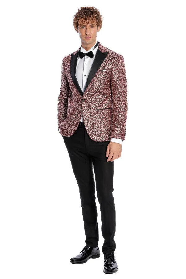 Flower Embroidered Pattern Burgundy Men Tuxedo Blazer - Wessi sold by Wessi product image thumbnail 3