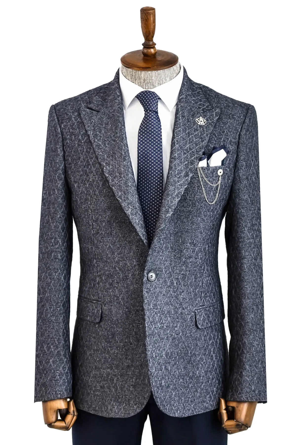 Wool Patterned Slim-Fit Navy Blue Men Blazer - Wessi sold by Wessi