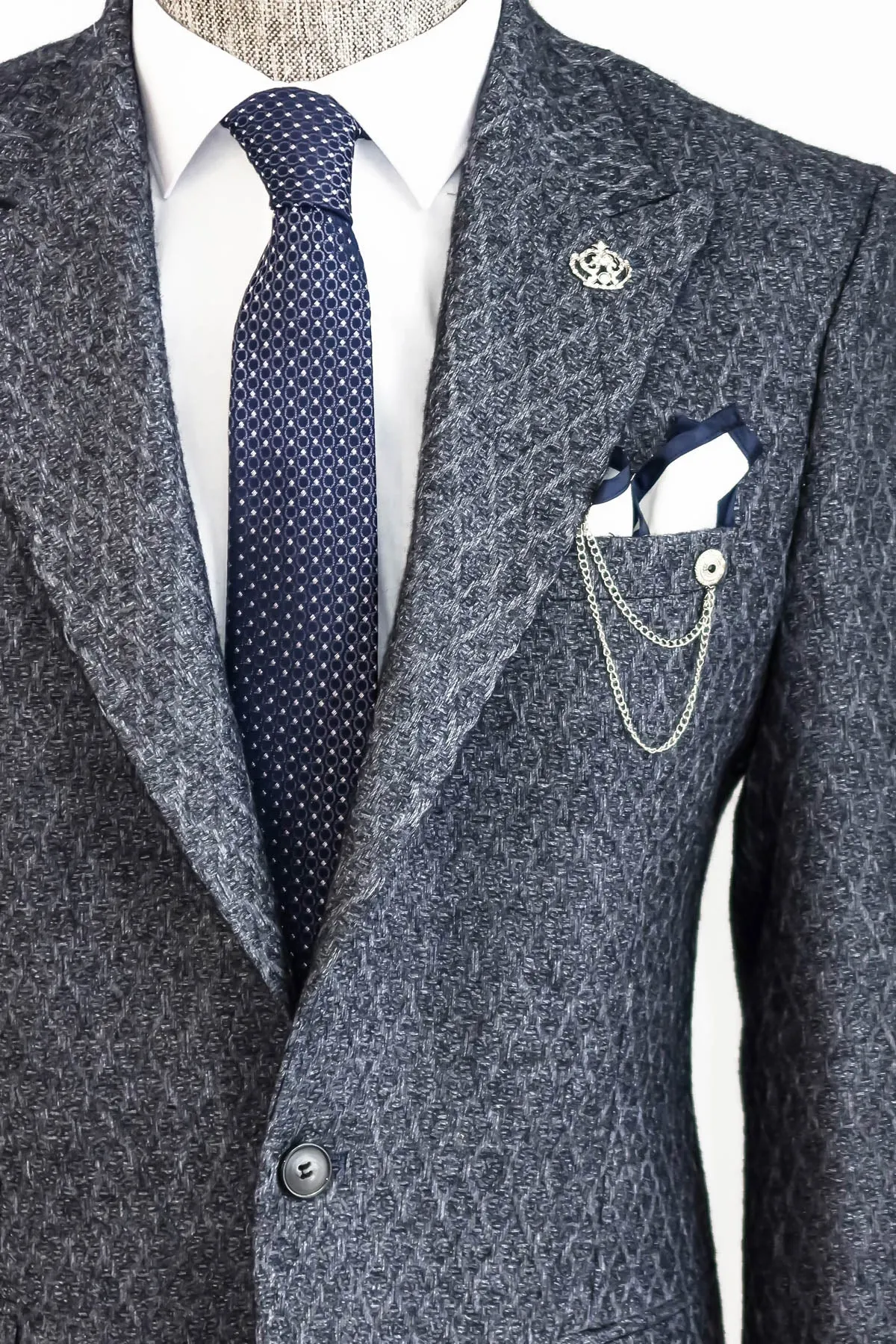Wool Patterned Slim-Fit Navy Blue Men Blazer - Wessi sold by Wessi product image thumbnail 2