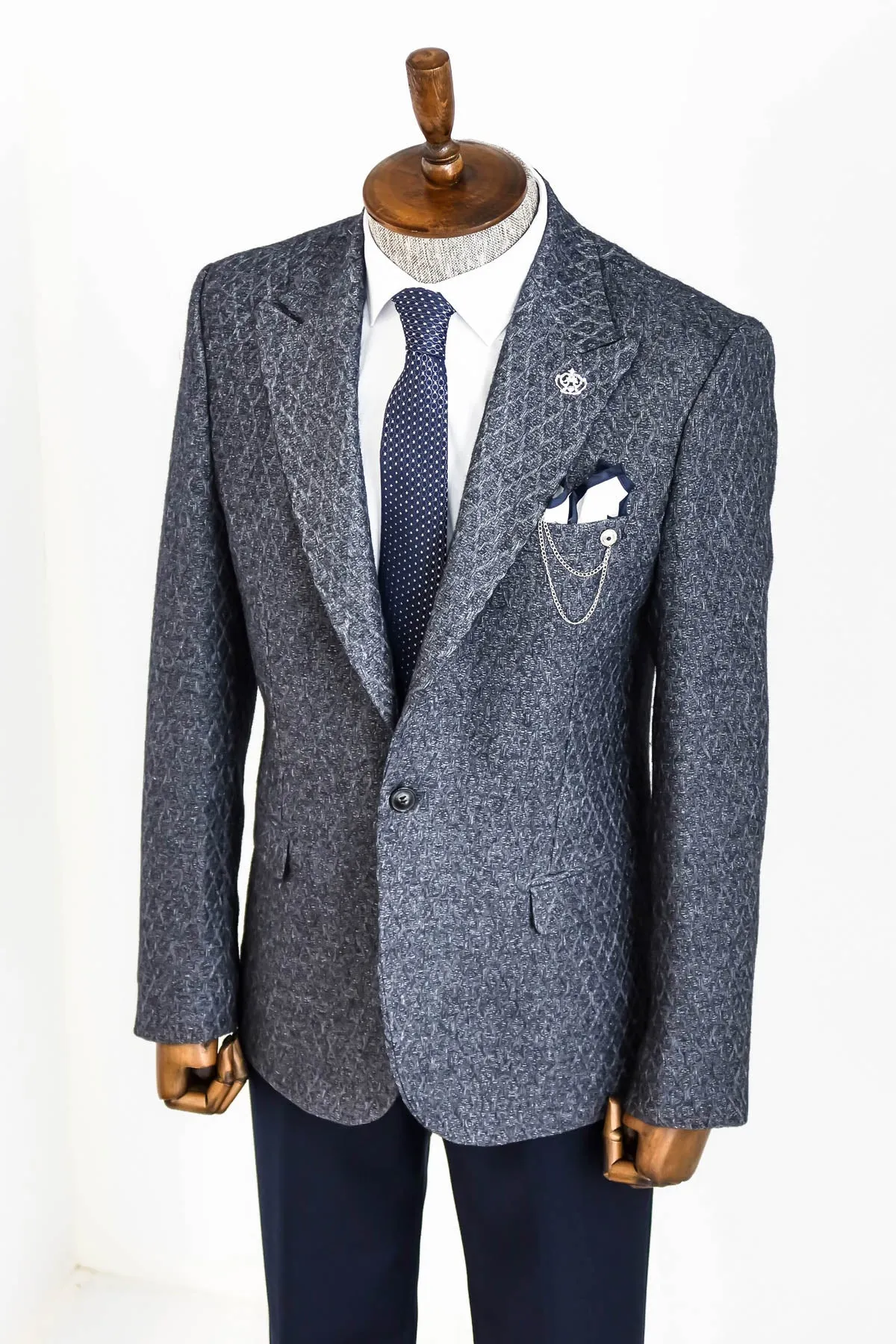 Wool Patterned Slim-Fit Navy Blue Men Blazer - Wessi sold by Wessi product image thumbnail 3