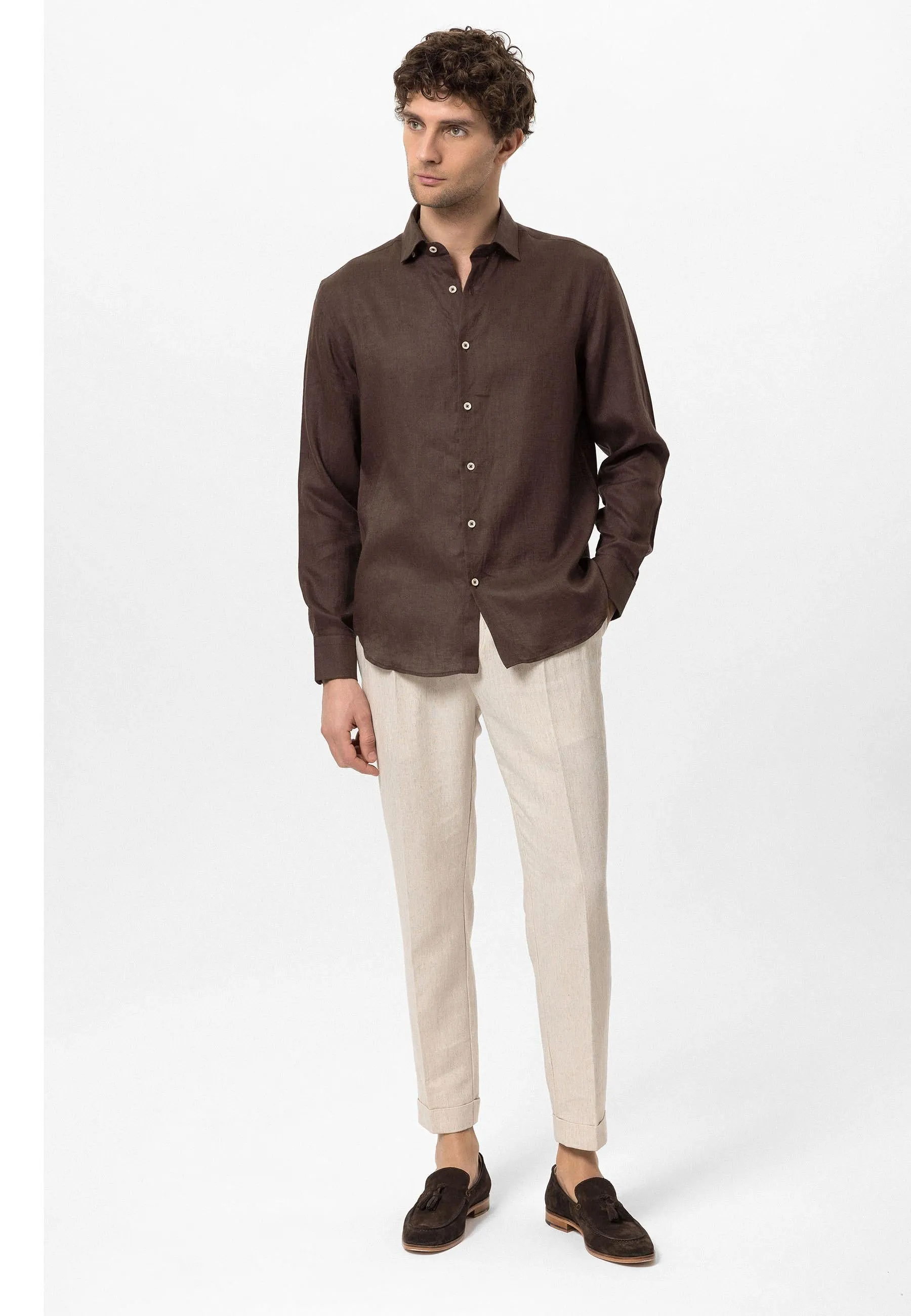 Men's Dark Brown Collar Button Detail 100% Linen Shirt - Wessi sold by Wessi product image thumbnail 4
