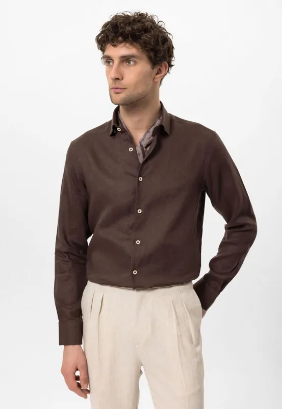Men's Dark Brown Collar Button Detail 100% Linen  Shirt - Wessi sold by Wessi