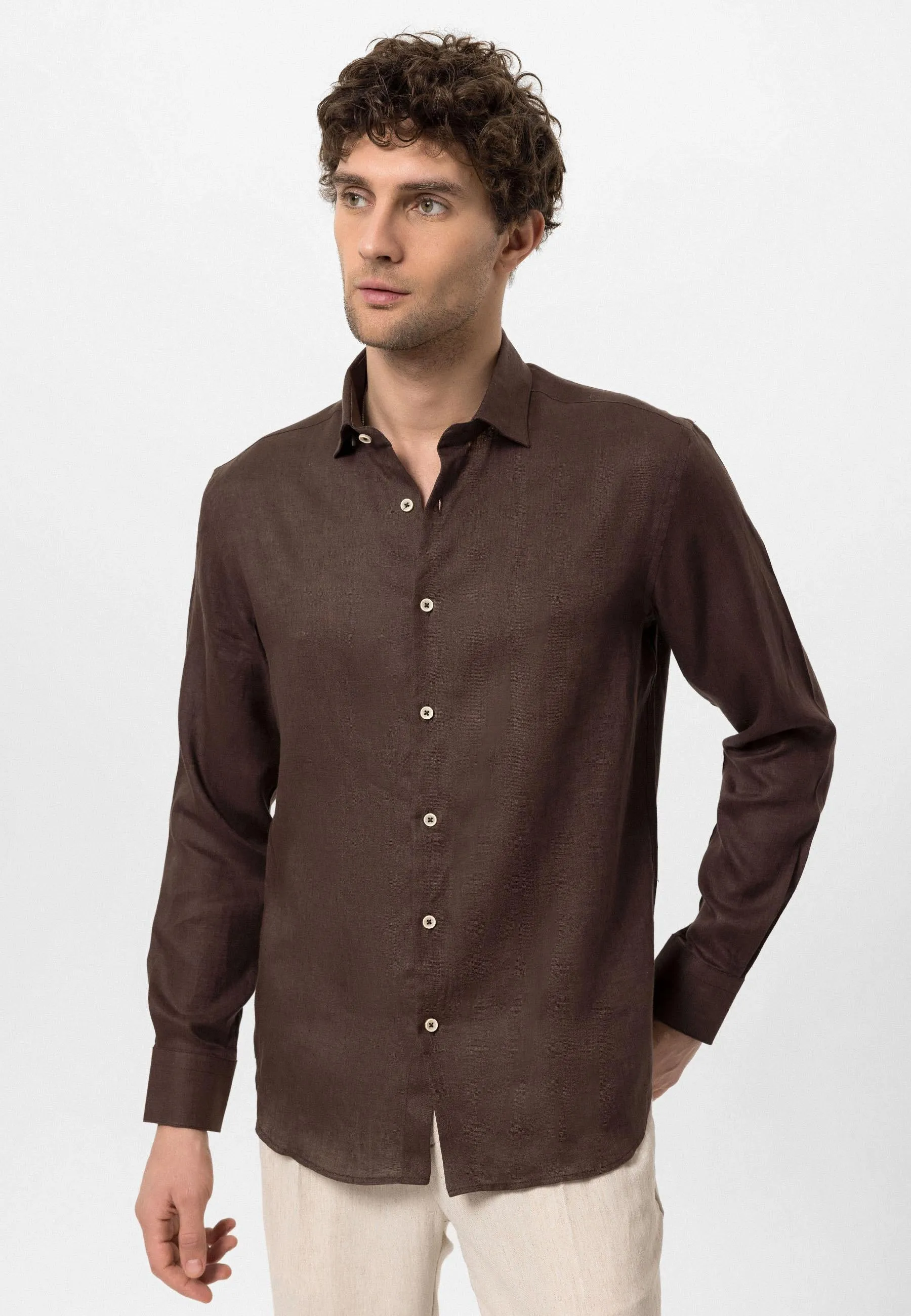 Men's Dark Brown Collar Button Detail 100% Linen Shirt - Wessi sold by Wessi product image thumbnail 2