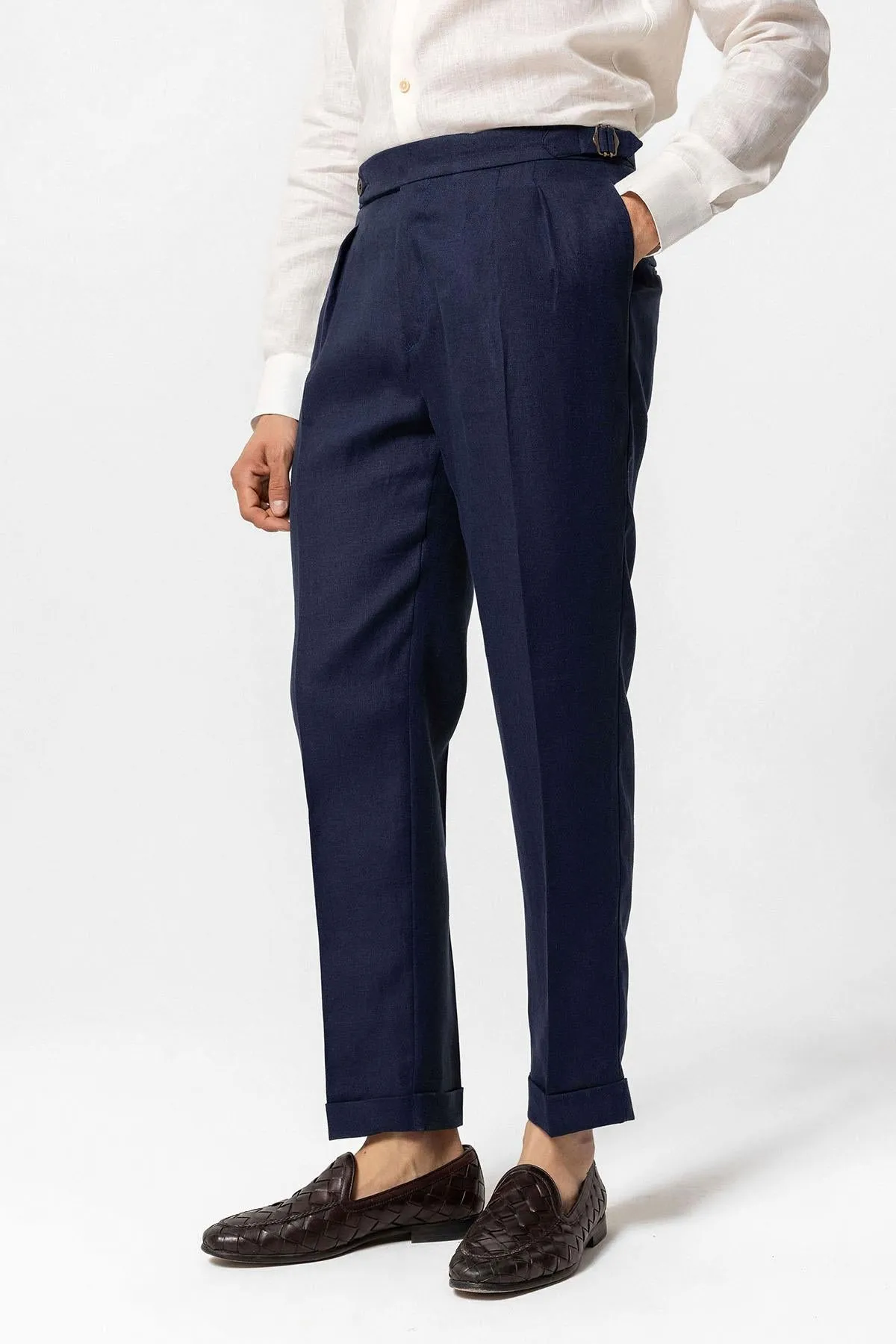 Men's Navy Blue Navy High-Waist 100% Linen Pleated Pants - Wessi sold by Wessi product image thumbnail 3