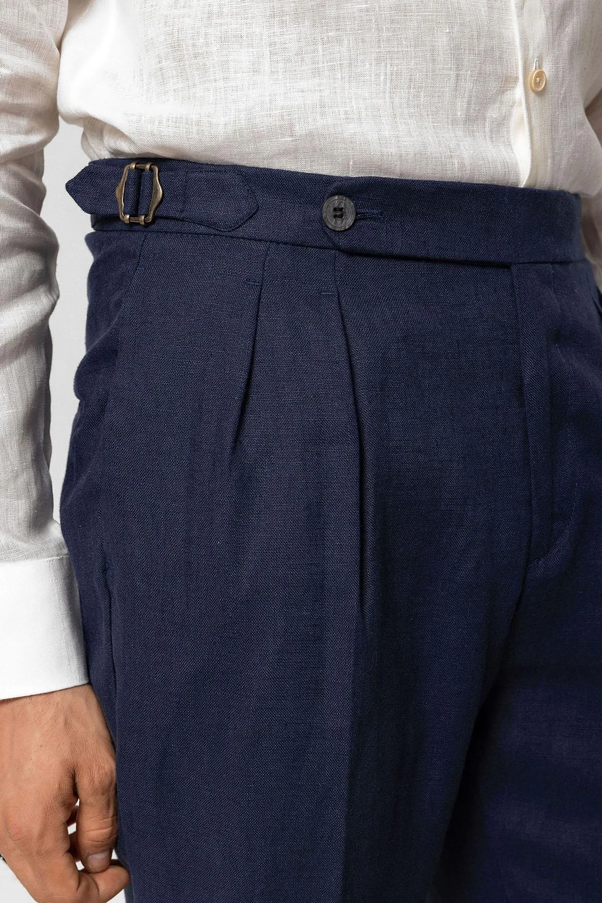 Men's Navy Blue Navy High-Waist 100% Linen Pleated Pants - Wessi sold by Wessi product image thumbnail 4
