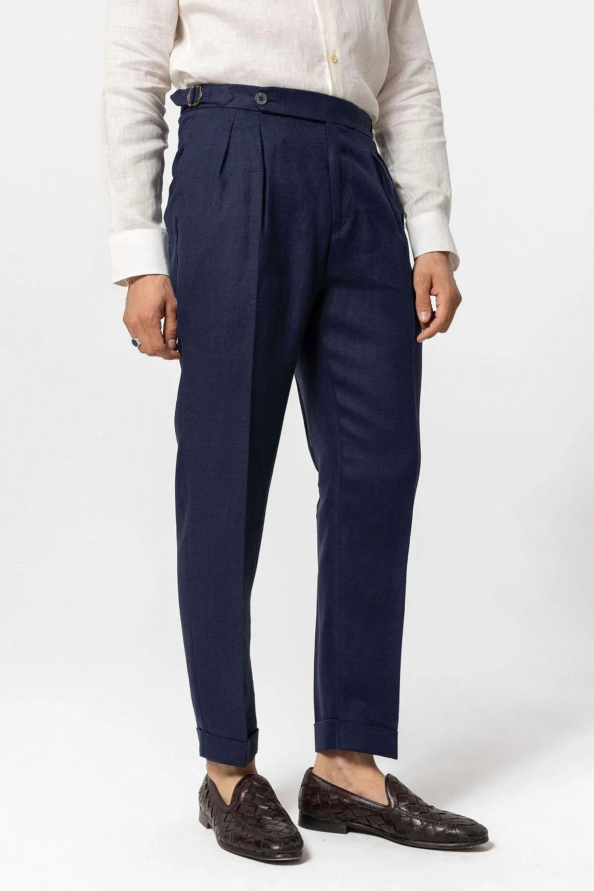Men's Navy Blue Navy High-Waist 100% Linen Pleated Pants - Wessi sold by Wessi