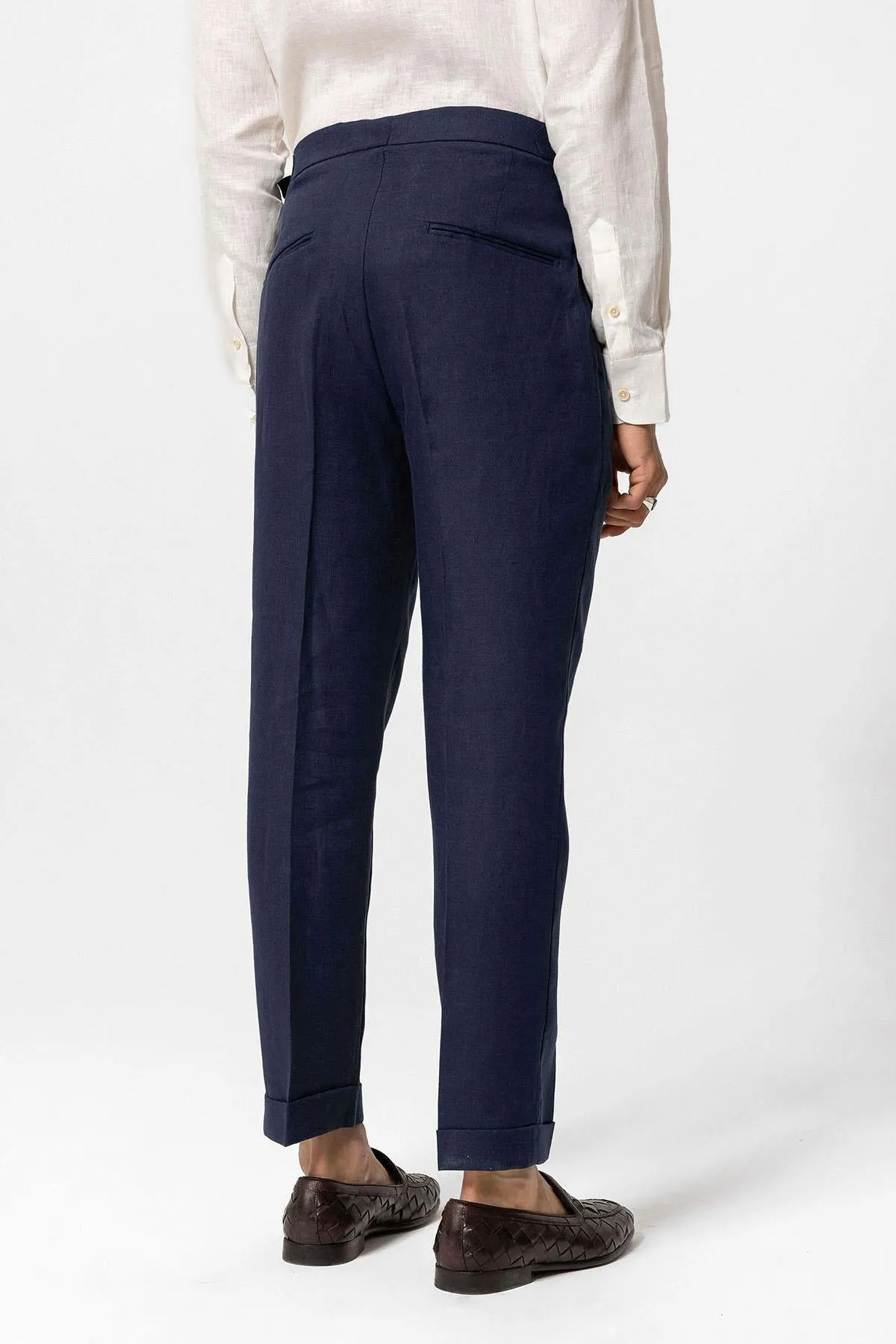 Men's Navy Blue Navy High-Waist 100% Linen Pleated Pants - Wessi sold by Wessi product image thumbnail 5