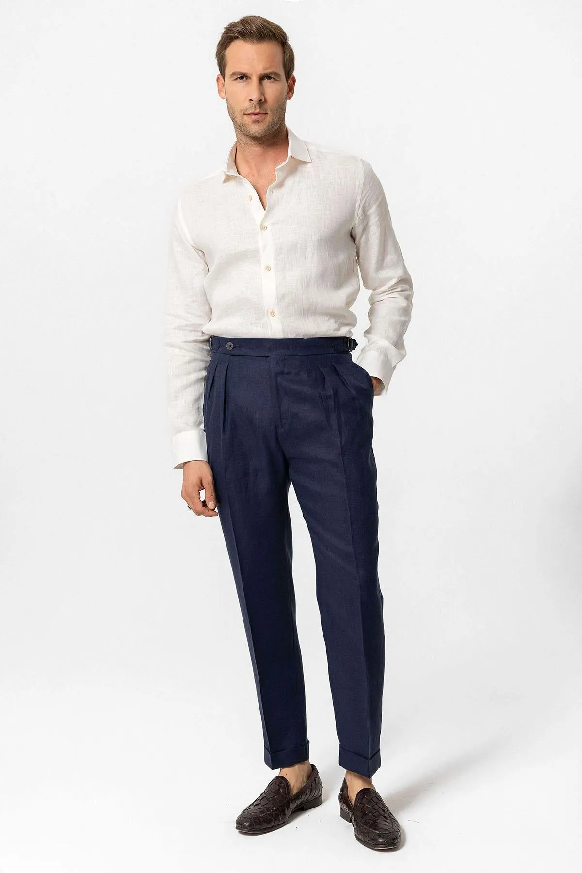 Men's Navy Blue Navy High-Waist 100% Linen Pleated Pants - Wessi sold by Wessi product image thumbnail 2