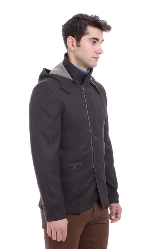 3 Pockets Hooded Zippered Wool Brown Men Short Coat-Wessi sold by Wessi