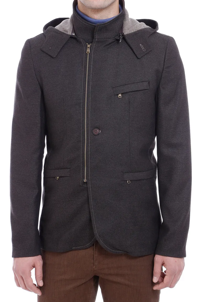 3 Pockets Hooded Zippered Wool Brown Men Short Coat-Wessi sold by Wessi product image thumbnail 2