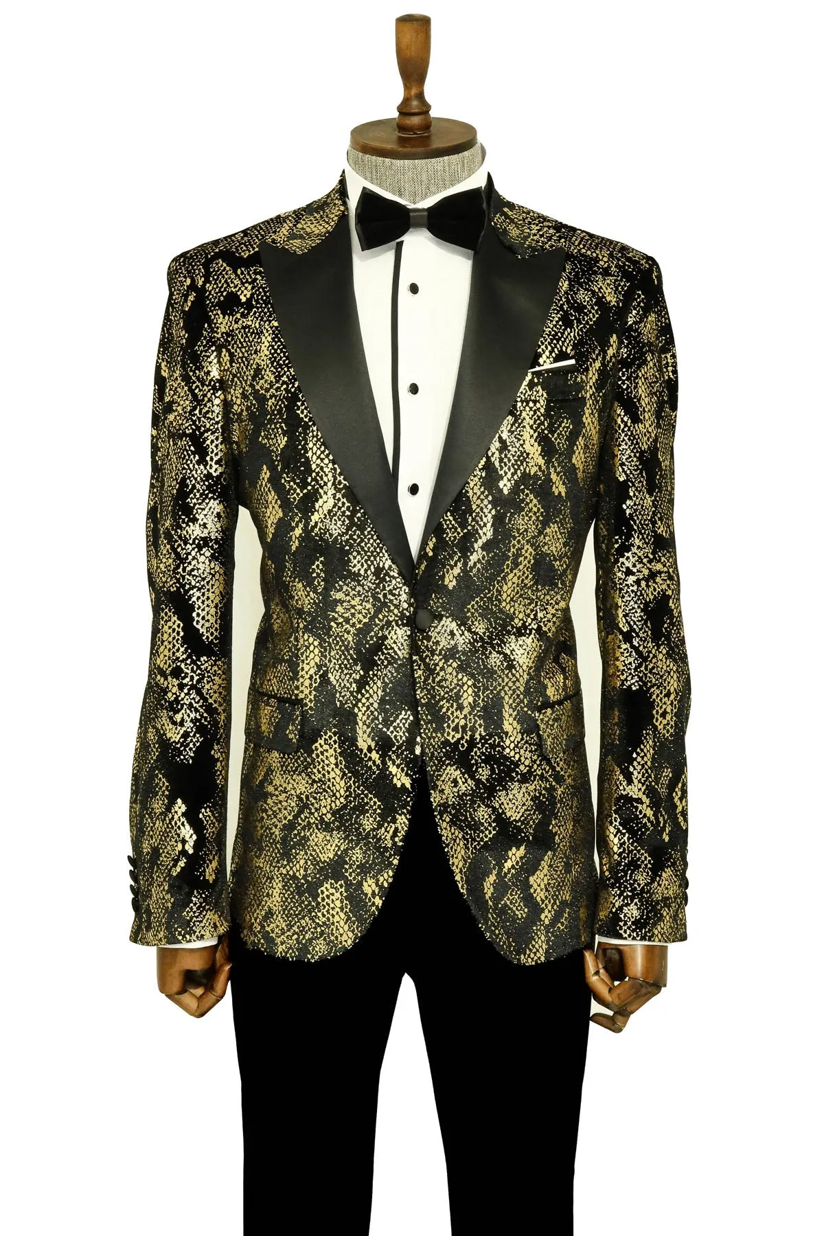 Peak Lapel Slim Fit Gold Patterned Black Men Evening Blazer sold by Wessi product image thumbnail 5