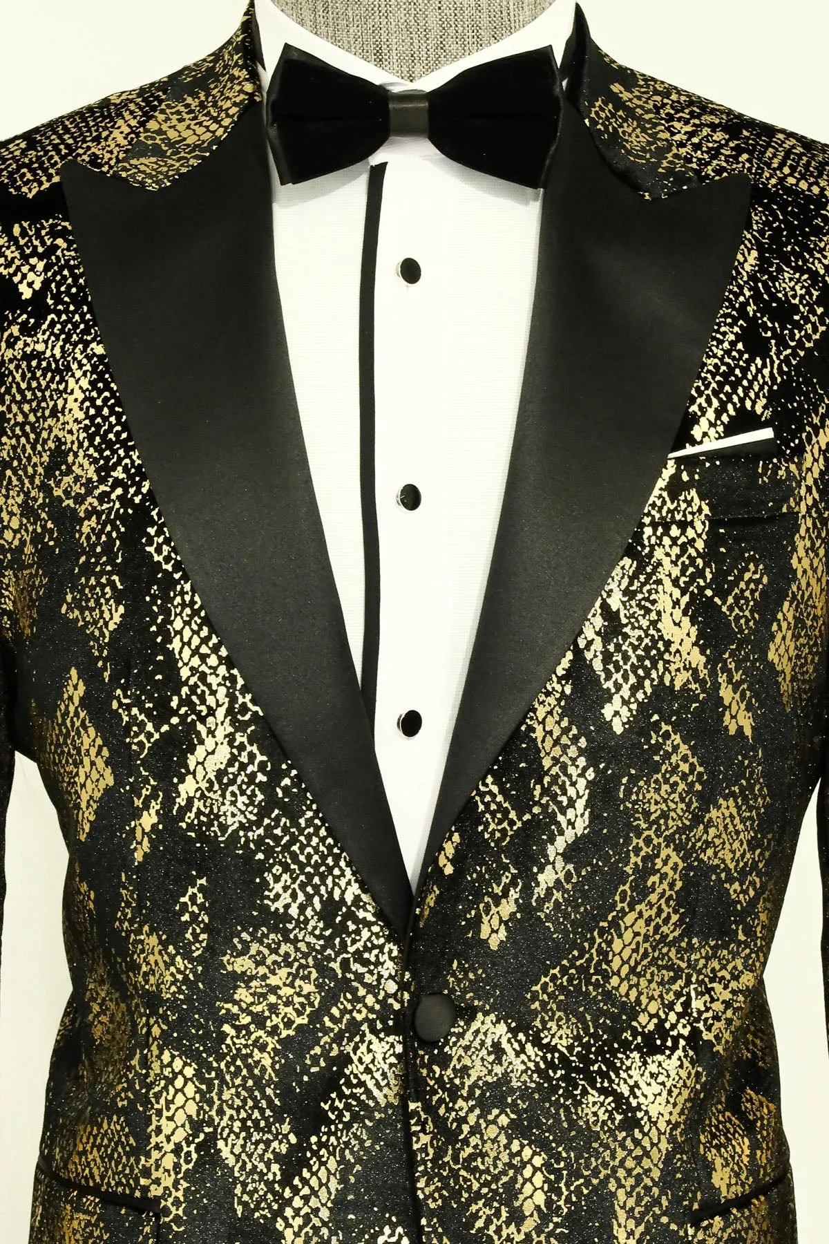 Peak Lapel Slim Fit Gold Patterned Black Men Evening Blazer sold by Wessi product image thumbnail 2