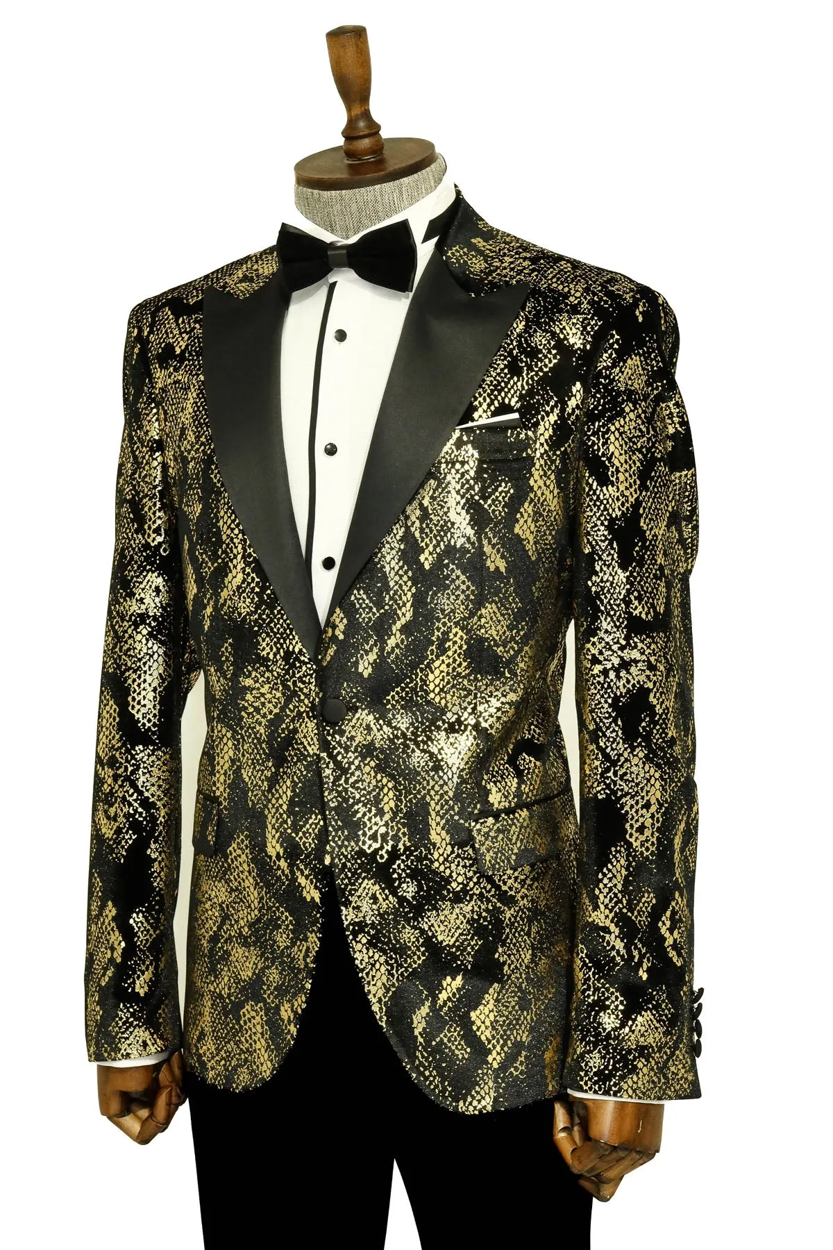 Peak Lapel Slim Fit Gold Patterned Black Men Evening Blazer sold by Wessi product image thumbnail 4