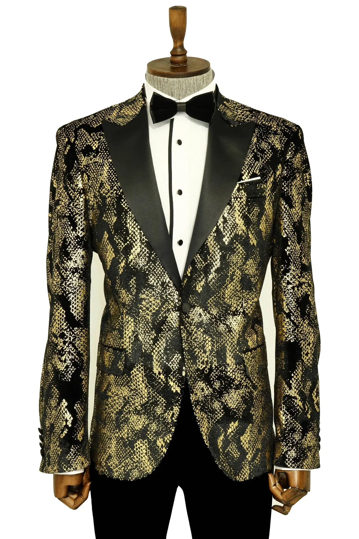 Peak Lapel Slim Fit Gold Patterned Black Men Evening Blazer sold by Wessi