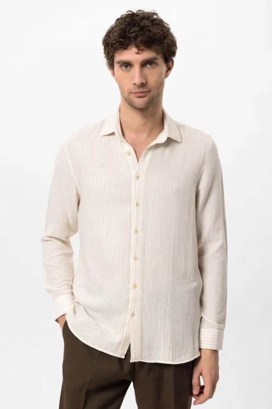 Men's Beige Cotton Striped Shirt - Wessi sold by Wessi
