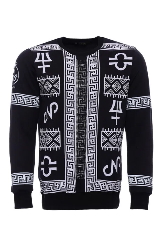 Circle Neck White Printed Over Black Sweatshirt - Wessi sold by Wessi