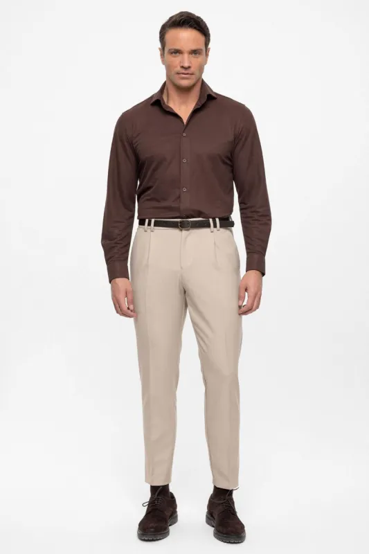 Men's Beige Belted High Waist  Trousers - Wessi sold by Wessi