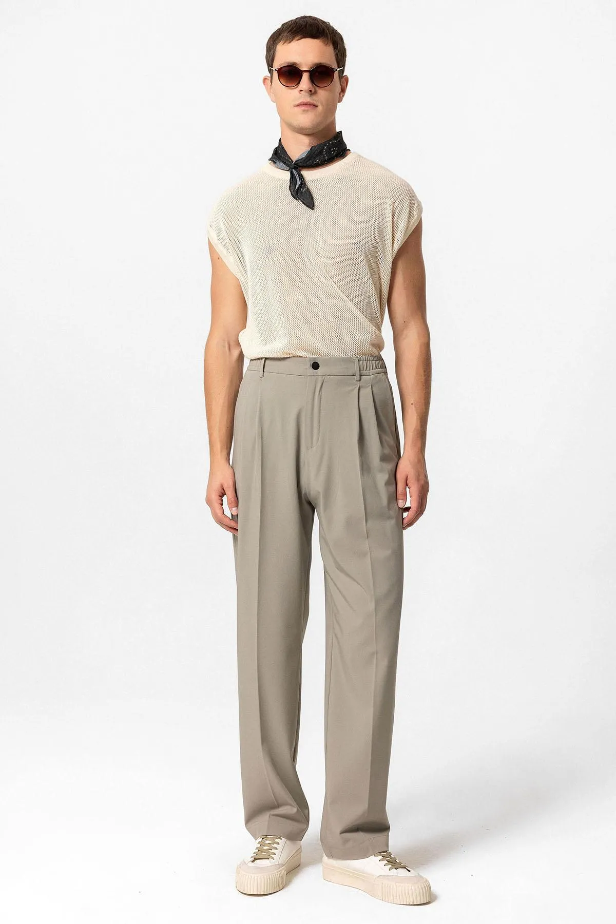 Light Khaki Elastic Waist High Waist Pleated Men's Trousers - Wessi sold by Wessi product image thumbnail 2