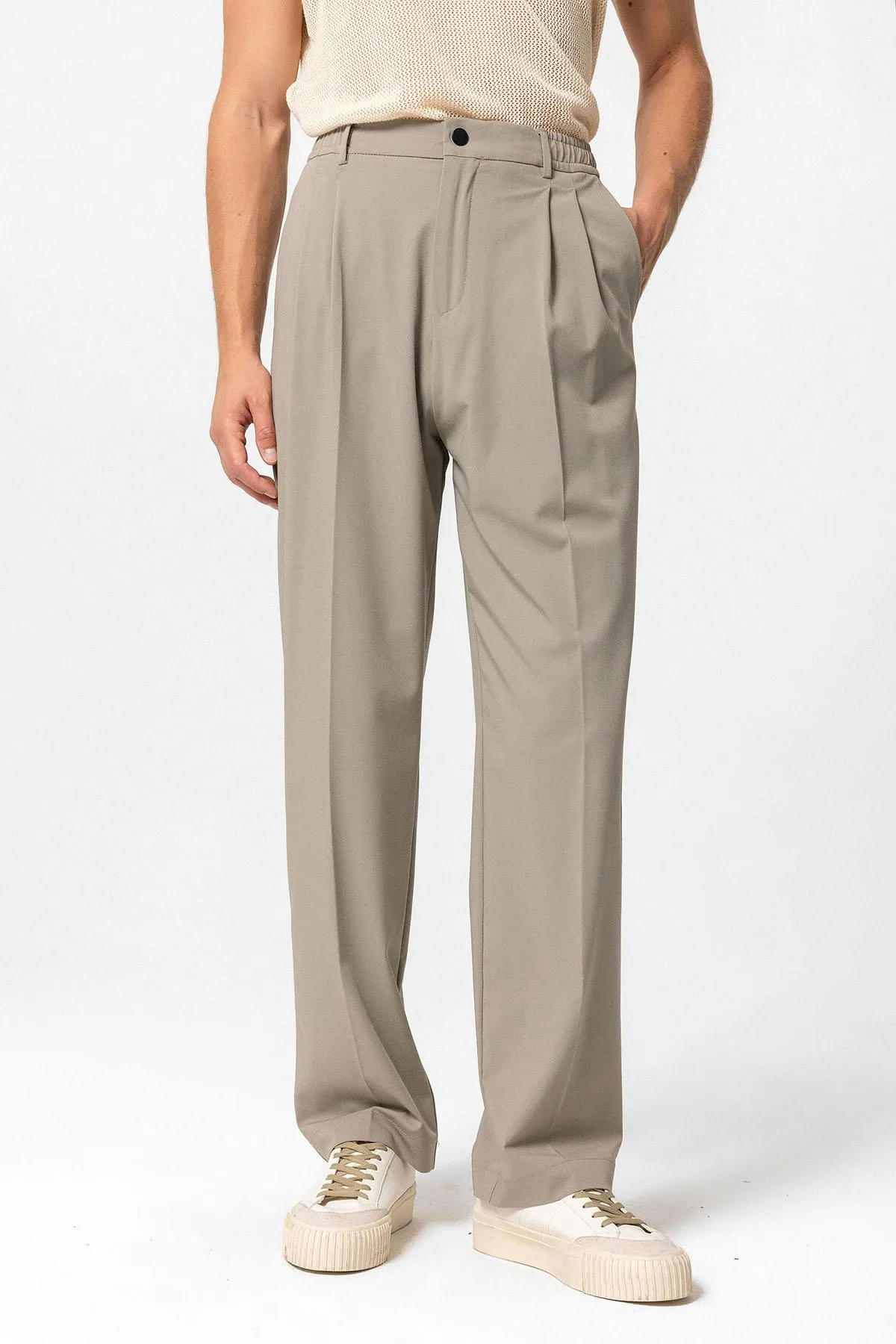 Light Khaki Elastic Waist High Waist Pleated Men's Trousers - Wessi sold by Wessi
