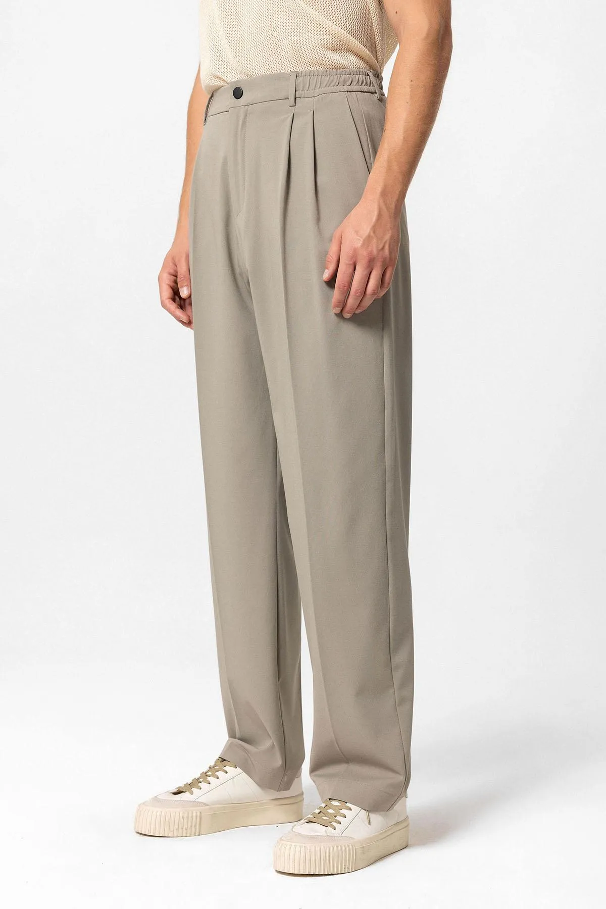 Light Khaki Elastic Waist High Waist Pleated Men's Trousers - Wessi sold by Wessi product image thumbnail 3