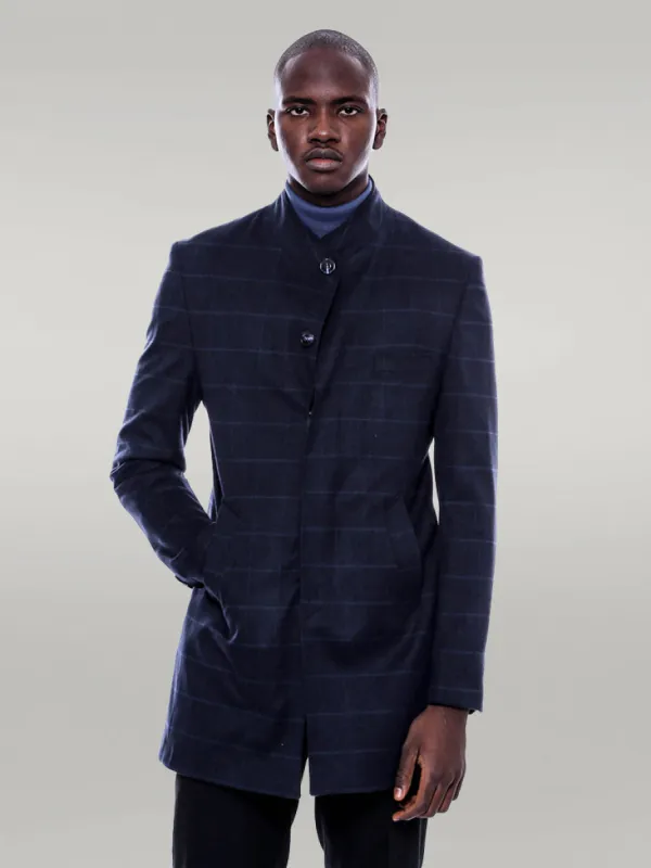 Mandarin Collar Navy Checked Coat - Wessi sold by Wessi