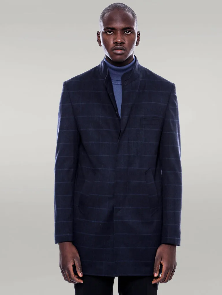 Mandarin Collar Navy Checked Coat - Wessi sold by Wessi product image thumbnail 2