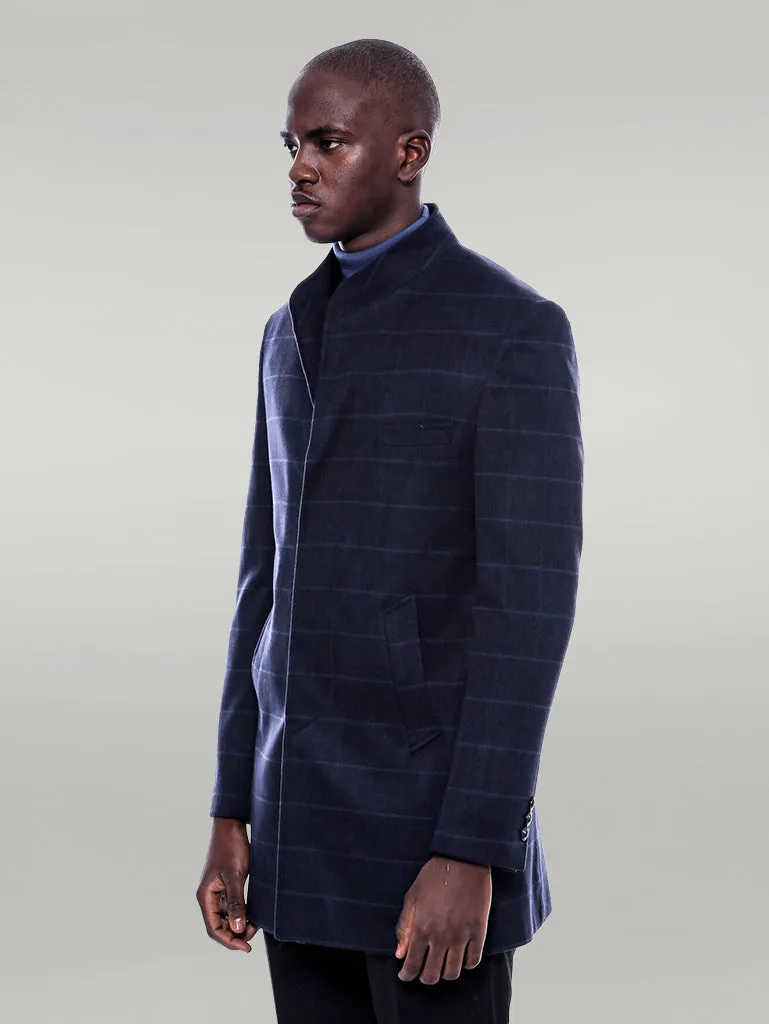 Mandarin Collar Navy Checked Coat - Wessi sold by Wessi product image thumbnail 3