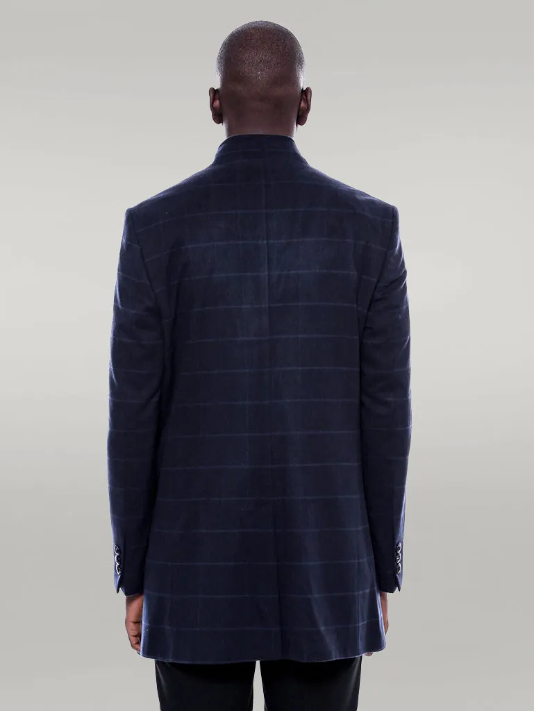 Mandarin Collar Navy Checked Coat - Wessi sold by Wessi product image thumbnail 4