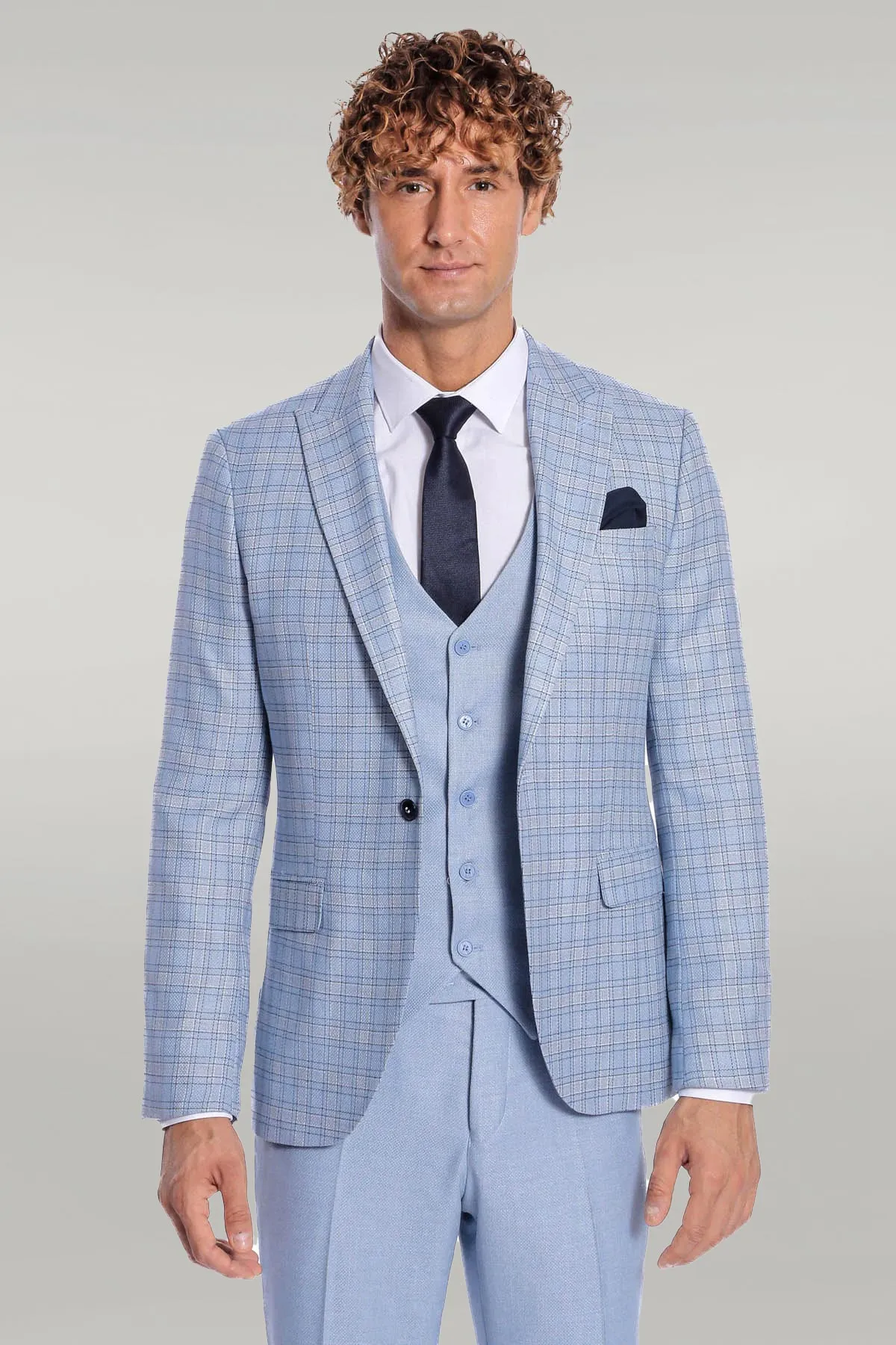Checked Slim Fit Light Blue Men Suit - Wessi sold by Wessi product image thumbnail 3