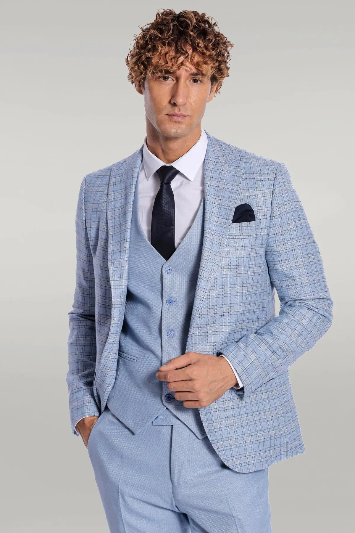 Checked Slim Fit Light Blue Men Suit - Wessi sold by Wessi