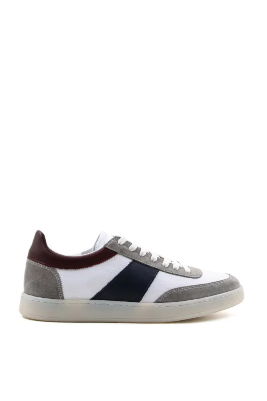 Men's White Leather Sneakers with Grey Suede and Navy Stripe Detail - Wessi sold by Wessi