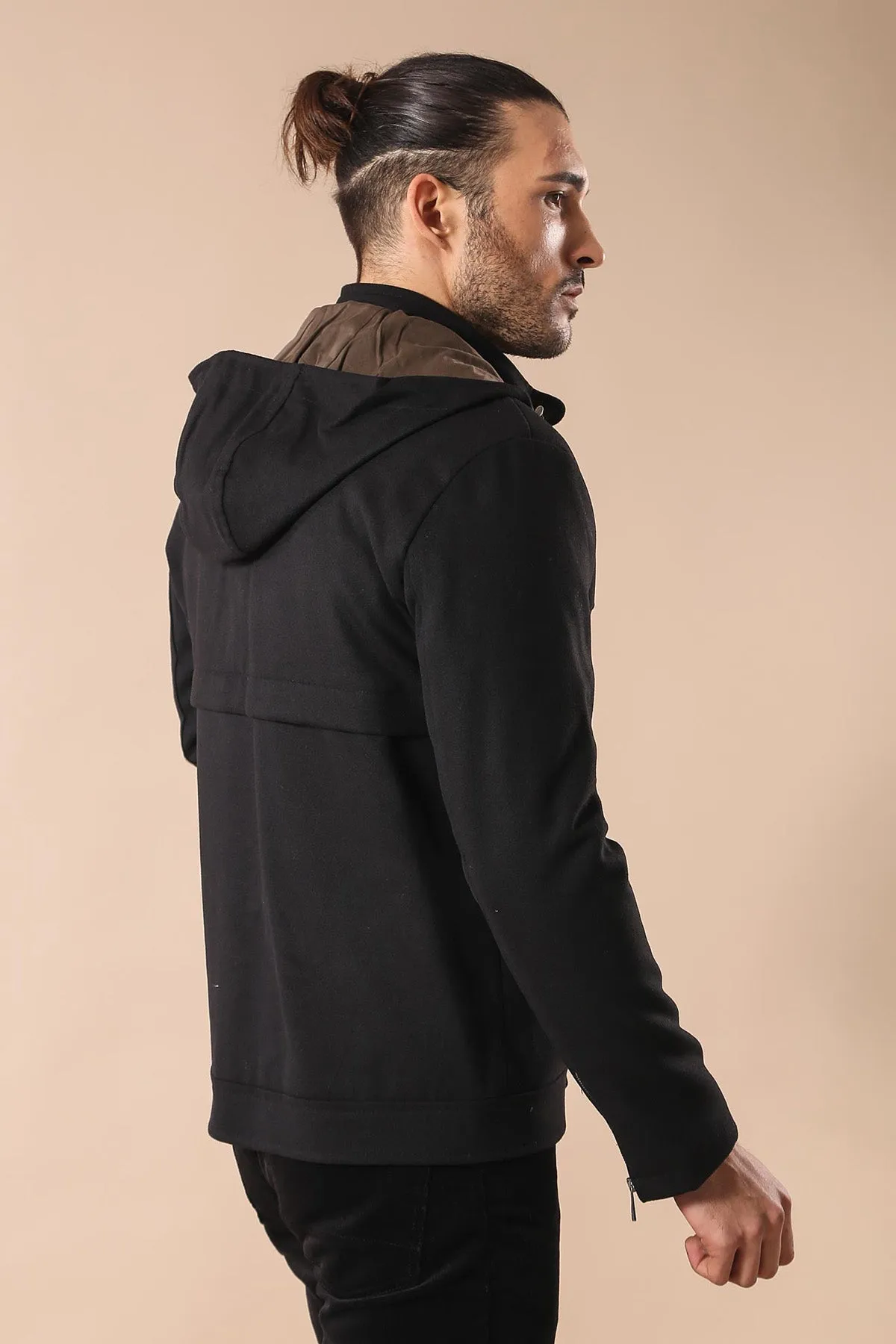 Zippered Sleeve Hooded Black Men Coat - Wessi sold by Wessi product image thumbnail 3