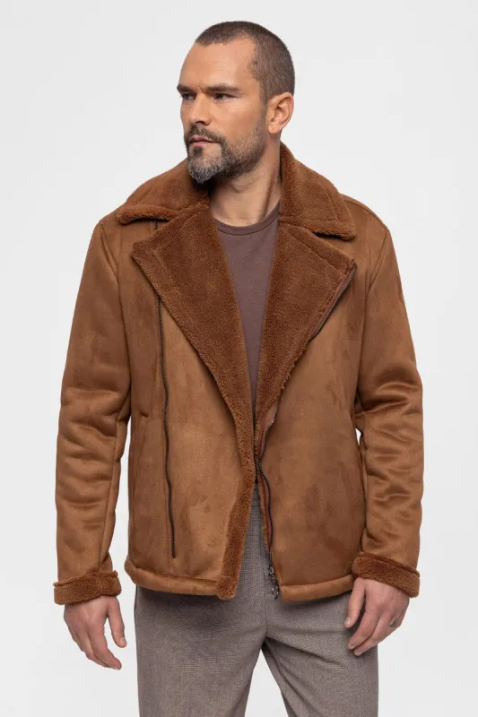 Men's Tan Faux Shearling Lined Suede Jacket - Wessi sold by Wessi